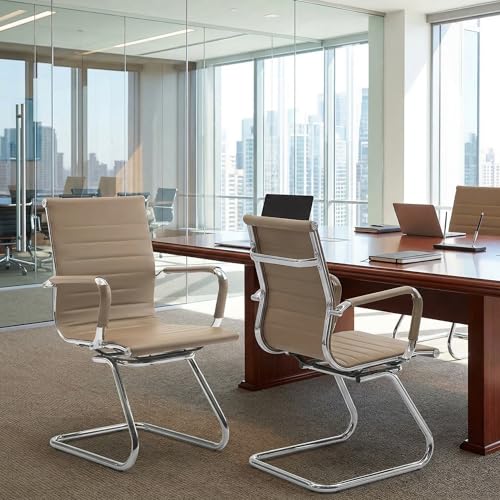 Image of Office Desk Chair No Wheels Set of 4 PU Leather Computer Chairs Mid Back Guest Chairs for School Reception Conference Waiting Room, Light Brown