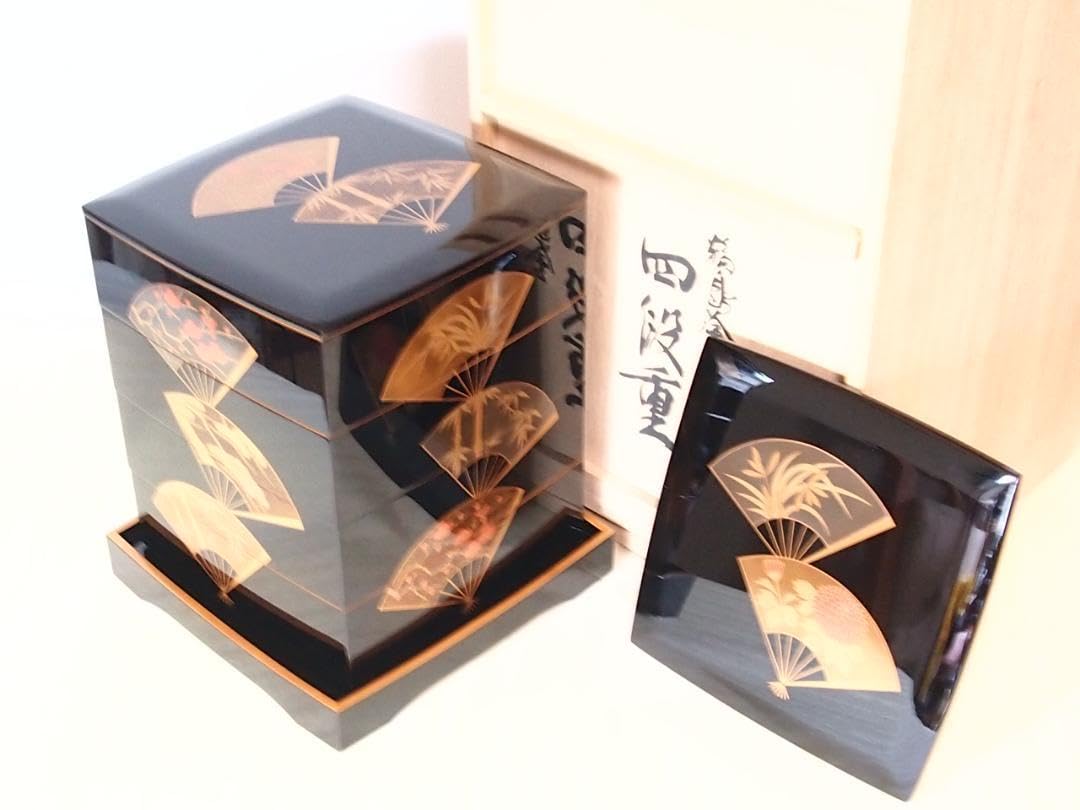 未使用】輪島塗 大向高洲堂 五聖扇面蒔絵 四段重箱 台付き お重/弁当箱