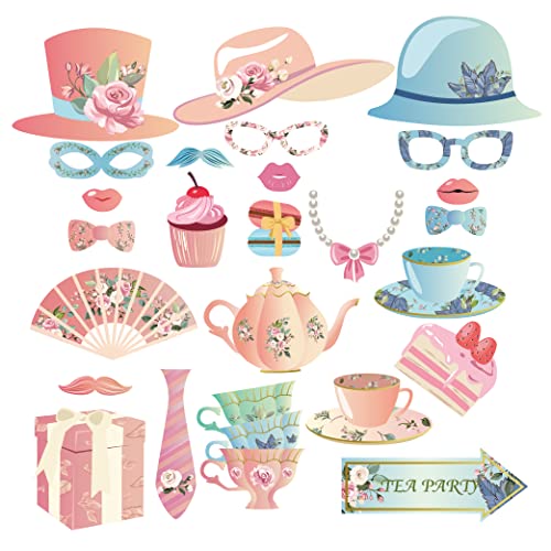 25 Pcs Tea Party Photo Booth Props with Stick, Teapot Theme Selfie Props Garden Teapot Theme Photo Props Tea Party Decor for Teas Ceremony & Garden Themed Parties