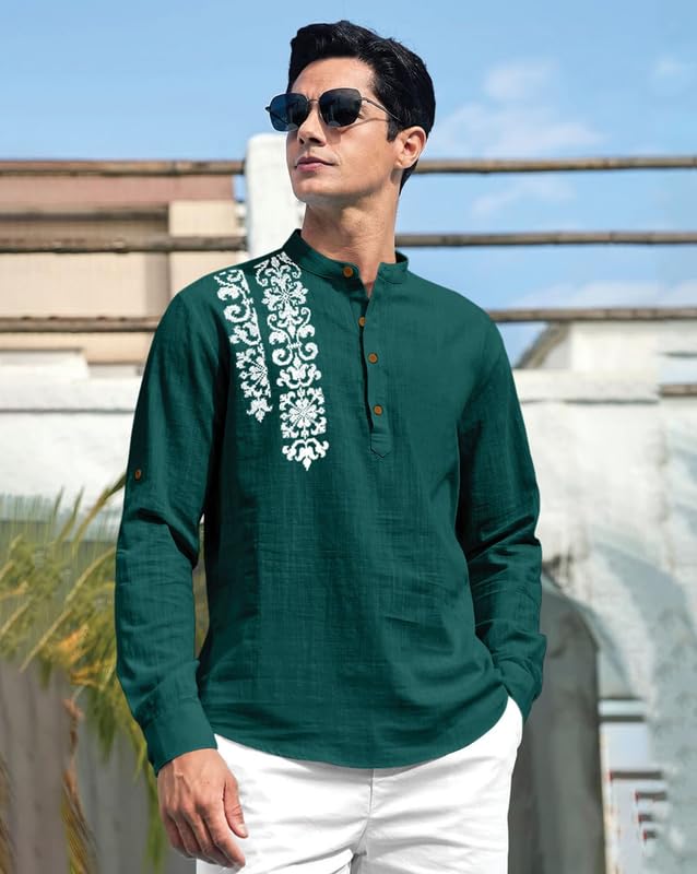 Image of FINIVO FASHION Men's Cotton Blend Short Kurta Shirt | Casual Ethnic Wear with Roll-Up Sleeves & Mandarin Collar | Comfortable Fit Tunic for Festive, & Summer Outings
