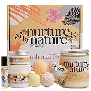Nurture by Nature Pamper Bath Set – Natural Bath Gift Set for Women – At Home Spa Basket, Bath & Shower Sets – 3X Bath Bomb, Sugar Salt Body Scrub, Lavender Roll On – Ideal Bath Sets for Women Gift