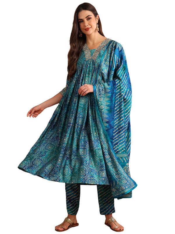 Image of Vaamsi Women's Silk Blend Ethnic Motifs Printed Anarkali Kurta Pant With Dupatta