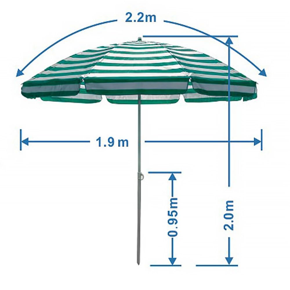 Ombrellone da spiaggia per esterni con protezione UV - 2 m/2,2 m/2,5 m, portatile, a righe, ideale per terrazza, cortile, patio, giardino (blu, Ø190 cm)