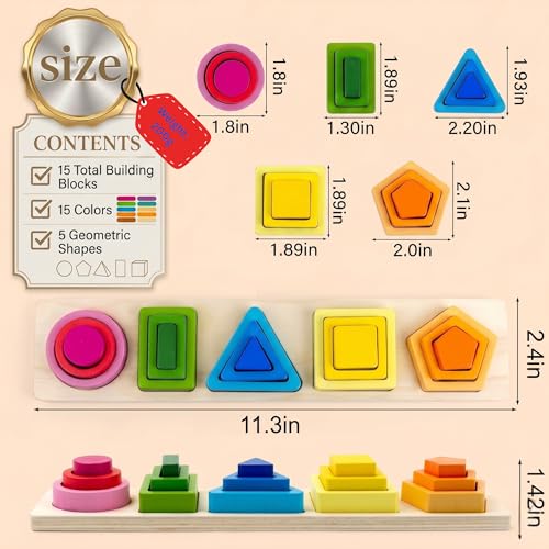 Image of 5 in 1 Wooden Shape Sorter Toys for Kids - Sorting & Stacking Peg Board, Montessori Learning Set Helps Improve Fine Motor Skills & Early Education | Toddlers Age 1-3 Years | Multicolor