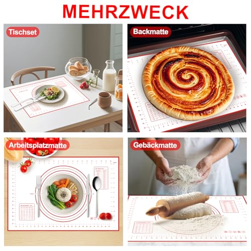 Nifogo Silikonmatte Backmatte Silikon Backunterlage 60 x 40 cm, Teigmatte Wiederverwendbar Antihaft Rutschfest mit Messung Teigschaber