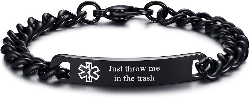 VNOX Just Throw me in The Trash Mens Womens 8MM Stainless Steel ID Tag Medical Alert Emergency Bracelet,8 inches,1 Piece: Clothing, Shoes & Jewelry