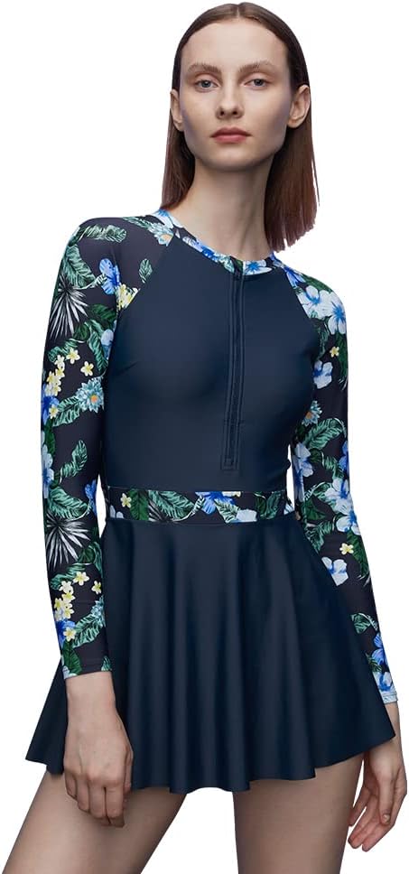 JulysandWomen's Navy One Piece Skirt Swimsuit Long Sleeve Ladies Floral Elegant Tummy Control Swimwear Dress with Zipper