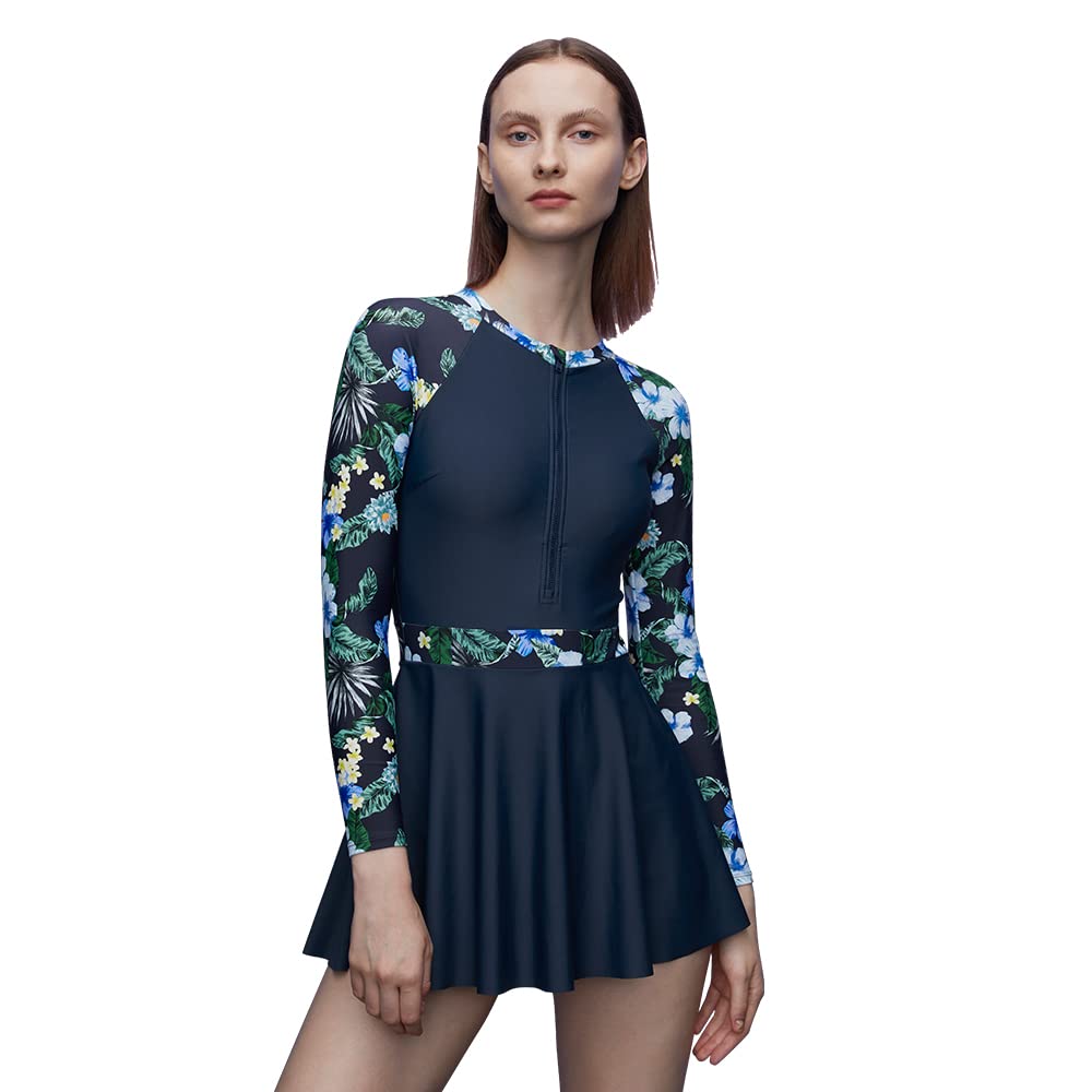 JulysandWomen's Navy One Piece Skirt Swimsuit Long Sleeve Ladies Floral Elegant Tummy Control Swimwear Dress with Zipper