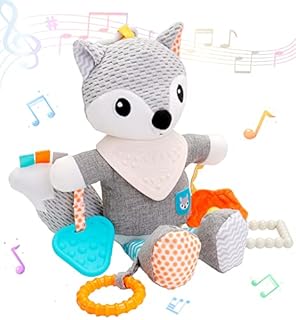 FPVERA Pram Toys for Baby 0-6 Months - Soft Newborn Sensory Hanging Activity Toy with Teether, Clip on Pushchair/Stroller/Cot/CarSeat Travel Toy Cuddly Fox Hand Rattle for Boy Girl Toddler