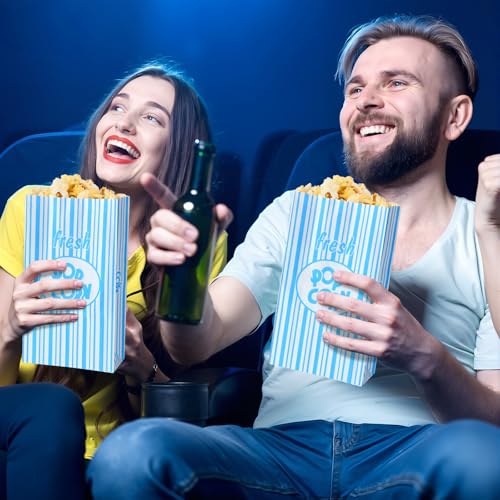 Image of Thenshop 200 Pcs Paper Popcorn Bags Flat Bottom 2 oz Disposable Film Individual Servings Oil Resistant Leak Proof Container Vintage Retro Blue and White Popcorn Sleeves Bags