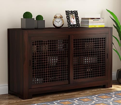 Image of Solid Sheesham Wood Wooden Sideboard Storage Cabinet : Ideal for Living Room and Bedroom with Without Drawers and 6-Shelf Storage (Hagborg, Walnut Finish)