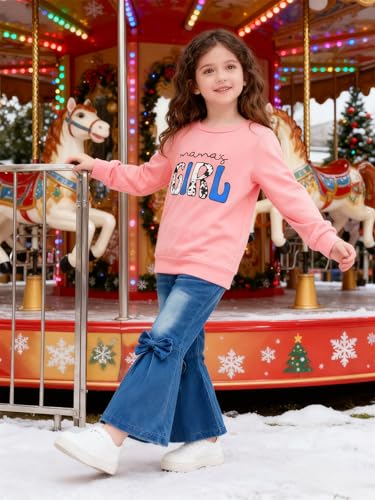 Image of Toddler Girl Clothes Long Sleeve Cartoon & Letter Graphic Top + Fruit Stationery Print Flared Leg Pants