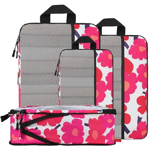 U+U 4 Set Compression Packing Cubes - Ultralight Travel Organizers, Space-Saving Suitcase Organizer, Expandable Packing Cubes for Travel, Business Trip and Family Vacation (Red Flower)