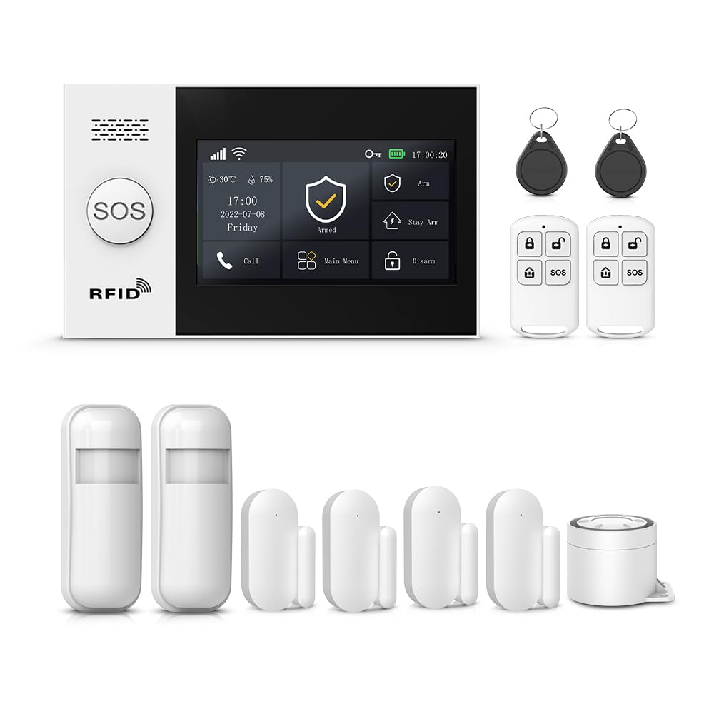 Wireless Smart Home Security System Touchcreen Alarm System,DIY WiFi Alarm System (Motion Detector, Door Window Sensor, Remote Control, Siren), Compatible with Alexa and Google for House, Apartment