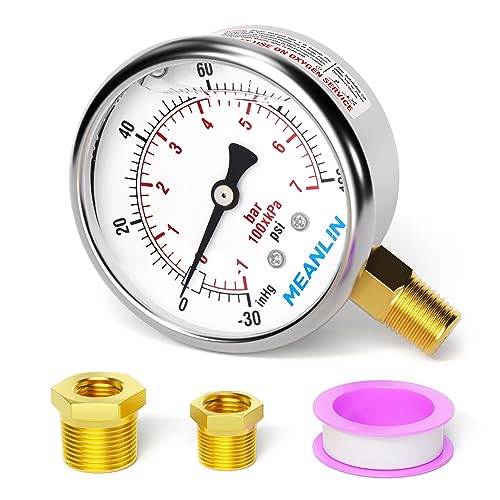 Image of MEANLIN MEASURE -30inHG~100Psi Stainless Steel 1 /4 inch NPT 2.5 inch FACE DIAL Vacuum Pressure Gauge, Lower Mount, with 1 /2 inch NPT and 3 /8 inch NPT Hex Bushing