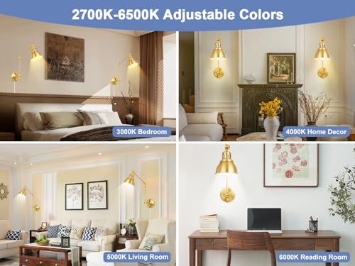 Image of 1 Pack Plug in Wall Sconce with Remote, Dimmable, Adjustable Colors, Swing Arm Wall Lamp, Plug in Wall Light with Timer & Night Light (Gold, with Bulb+Remote)