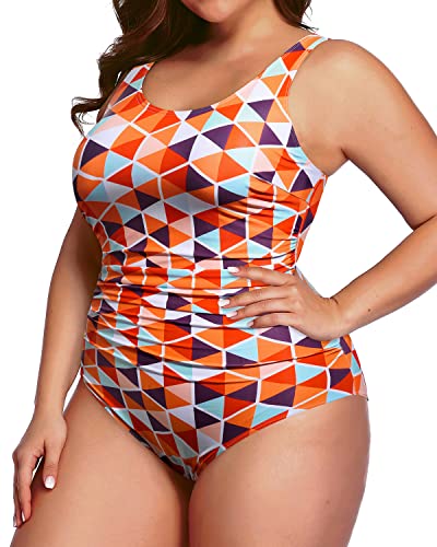 Daci Women Orange Geometric Pattern Plus Size One Piece Swimsuit Backless Tummy Control Ruched Bathing Suit 18 Plus #TOP3