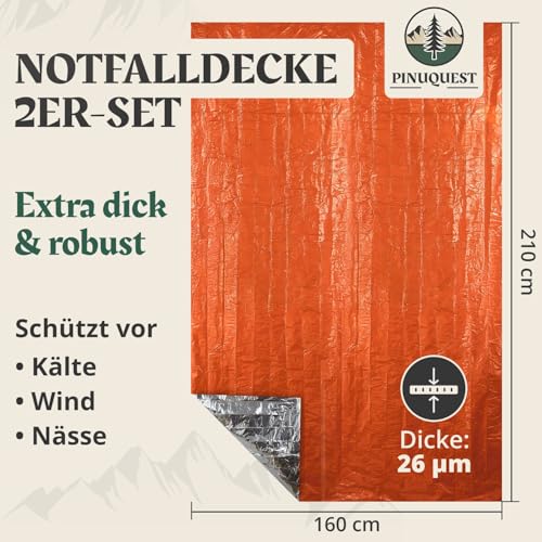 PINUQUEST Rettungsdecke 26 µm (2er-Set) - Extra Dicke & Robuste Erste Hilfe Decke, Notfalldecke für Outdoor, Survival, Camping, Wandern | Wasser- und Winddicht (210 × 160 cm) (Orange)