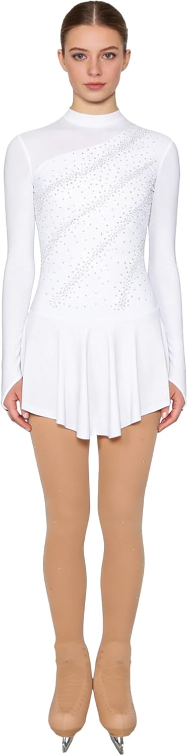 Women Figure Skating Dress Mock Neck Long Sleeve Irregular Ballet Skirt Leotard with Boot Cover Tights
