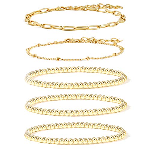 14K Gold Beaded Bracelets for Women,Dainty Gold Plated Chain Link Bracelet Stretchable Adjustable Bracelet(5PCS)