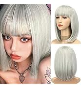LINGHANG Silver Bob Wig with Bangs, Short Grey Bob Wigs for women, Natural Looking Short Straight...
