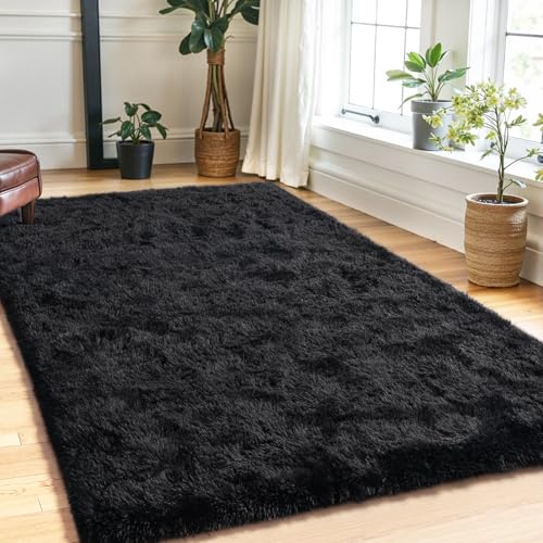 Small Bedside Rug, 3x5 Non Slip Fluffy Shaggy Entryway Throw Rugs for Bedroom Living Room, Indoor Floor Carpet for Kids Girls and Boys, Nursery Rooms Mat, Home Decor Aesthetic, Black