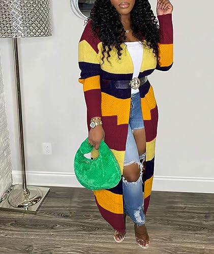 Image of SOMTHRON Women's Fall Cardigan Sweater Open Front Color Block Striped Knit Long Draped Coat Duster Outerwear