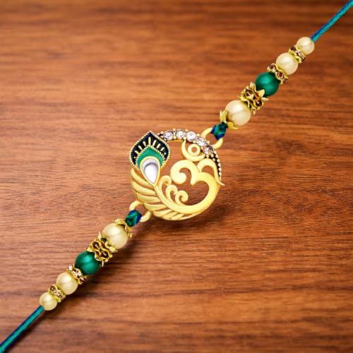 Image of Riddhika Ventures Alluring Gold Plated Om and Pearl Rakhi with Roli Chawal & Greeting Card for Men (P8)