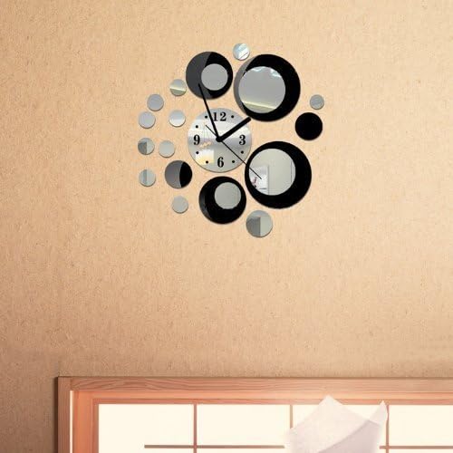 NYKKOLA Removable Diy Acrylic 3D Mirror Wall Sticker Decorative Clock, Black and Silver