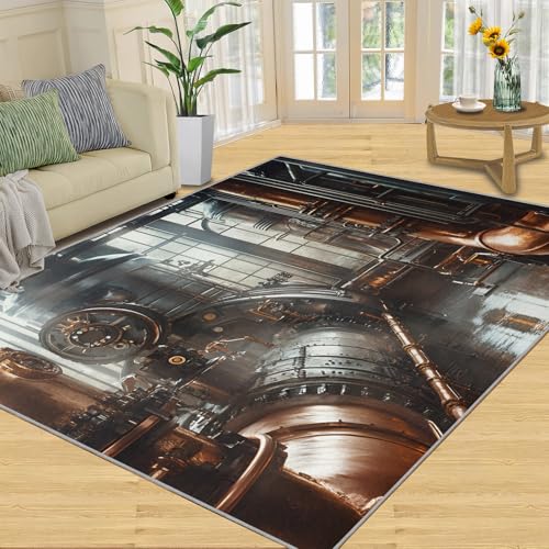 Steampunk Print Rugs for Bedroom, Mechanical Piping Area Rug, Retro