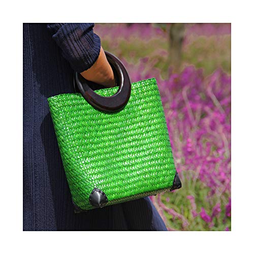 Image of Hand-woven Womens Straw Large Boho Handbag Bag for Women, Summer Beach Rattan Tote Travel Bag with Wood Round Top Handle (Green)