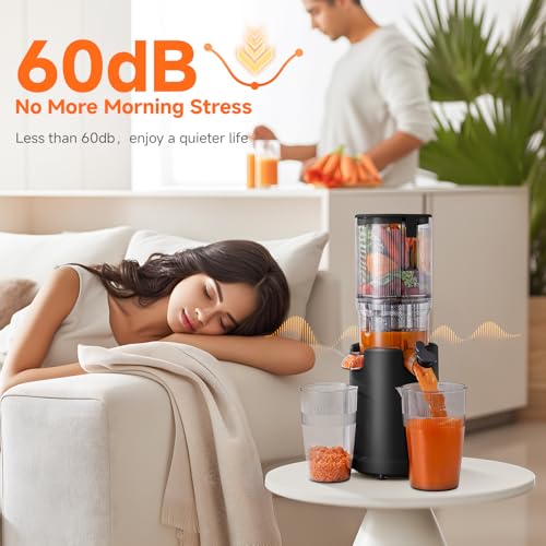 Image of Cold Press Juicer with 5.4 inch Wide Feed Chute - Slow Masticating Juicer Extractor for Whole Fruits & Vegetables - Quiet Motor, Easy to Clean with Brush - High Juice Yield - Black