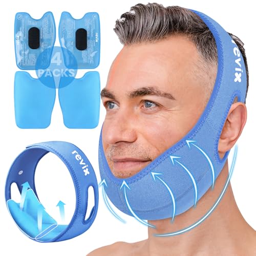 Image of REVIX Face Ice Pack for Wisdom Teeth, 3D Sewing Ice Pack Head Wrap for TMJ Discomfort, Jaw Soreness, Dental Caries and Tooth Extraction, Extra Snug Fit with 4 Hot and Cold Pads, Blue