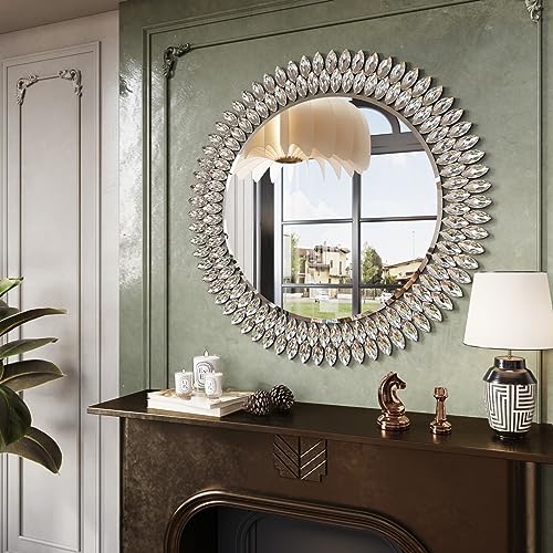 Kelly Miller Round Jeweled Mirror for Wall Decor, 32 in Modern Decorative Wall Mirror with Luxury Diamonds Beveled Vanity Mirror for Bedroom, Living Room, Bathroom, Hallway, Entryway, Fireplace - Image 3