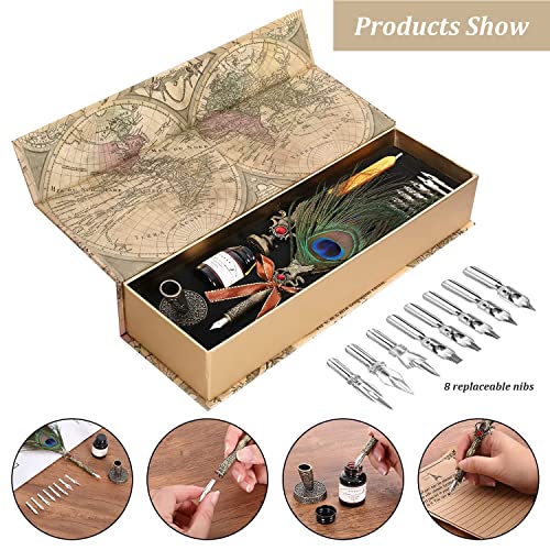 Cunmei Quill Pen, Feather Pen Ink Set, Calligraphy Pen Set With Feather Pen Dip Pen, 20Ml Ink, 8 Replaceable Nibs, Seal, Wax Seal, Pen Holder, Vintage Engraving Romantic Art Gift (Malachite Green) #TOP3