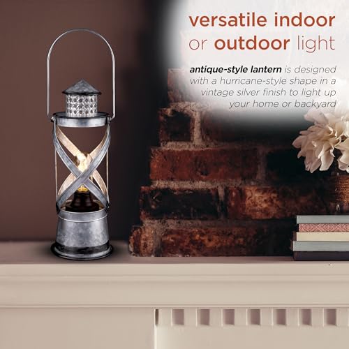 Image of Alpine Corporation 15 inch H Indoor /Outdoor Vintage Metal Lantern with LED Lights, Silver
