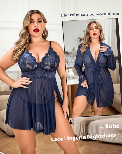 Image of Avidlove Plus Size Lingerie Sexy Lingerie Set Women's Exotic Nightgowns Lace Chemise Lingerie Side Slit Nightdress