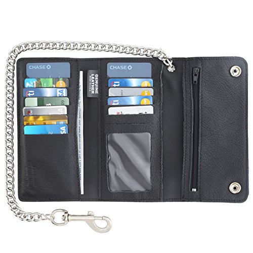 Image of RFID Blocking Men's Tri-fold Vintage Long Style cow Leather With Chain card holder Wallet,MADE IN USA