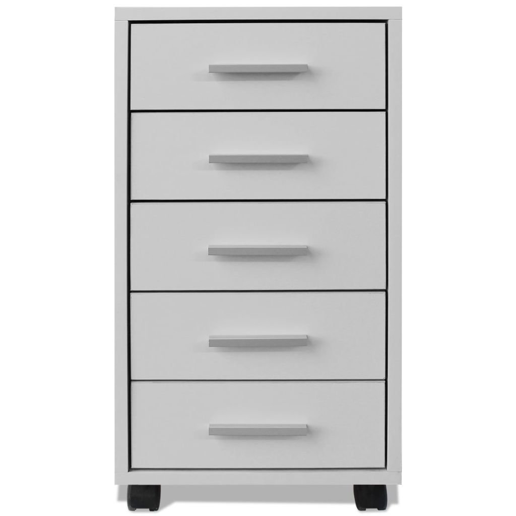 Cajonera de Oficina con 5 Cajones, Armario Rodante con Ruedas con Frenos, Almacenamiento para Documentos y Accesorios, Color Blanco, 33x38x63 cm, Madera de Ingeniería y MDF, Capacidad Máx. 40 kg