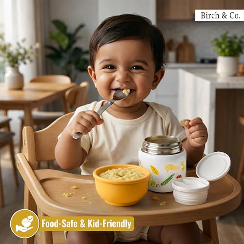 Image of Birch & Co. Baby Feeding Bowl and Spoon Set, Stainless Steel Food Bowls - 320ml, 304 Stainless Steel Baby Food Container with Double Wall Vacuum Insulation, BPA-Free Leak-Proof for School & Travel,Yellow