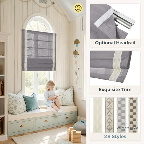 Image of TWOPAGES Liz No Drill Cordless Roman Shades Linen Textured Roman Blinds for Windows, Custom Made Room Darkening Blackout Roman Window Shades, Hardware Included, Rock Grey, 1 Piece