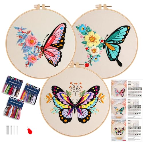 Smart-Feather Kit de bordado de mariposa de 3 piezas para principiantes, kits de bordado a mano para adultos con aro, kit de manualidades para proyectos de arte (mariposa)