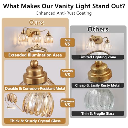Image of Vintage Bathroom Light Fixtures, 3 Light Gold Bathroom Vanity Light, Matte Antique Brass Finish with Amber Crystal Glass Shade, Wall Sconces Lighting for Bedroom, Living Room（Amber-colored Glass）