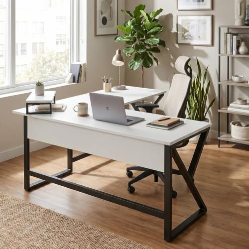 Image of Riyan Luxiwood Fabio L-Shaped Computer Office Desk with Monitor Riser | Executive Table for Work from Home | Computer Table for Home PC & Desktop (White)