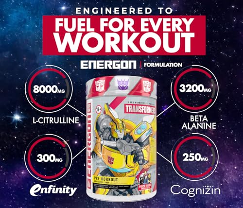 Image of Core Nutritionals Transformers Energon Pre Workout | 300mg Paraxanthine | No Crash Energy & Focus | Free Prize Inside - Optimus Prime | 20 Servings (Mixed Berry Kiwi)