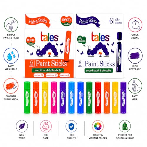 Image of Tales Silky & Neon Paint Sticks for Kids Drawing, Painting, (Pack of 2, Each 6 Colors) - Twist & Paint, Washable, Quick Dry, Non-Toxic & Safe, Mess-Free Twistable Crayons, Birthday Return Gift