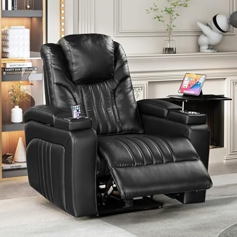 Secsofier PU Leather Power Recliner Home Theater Recliner with Power Adjustable Headrest, Wireless Charging Device, USB Port, Storage Arms, Cup Holder and Swivel Tray Table for Living Room (Black) Cover