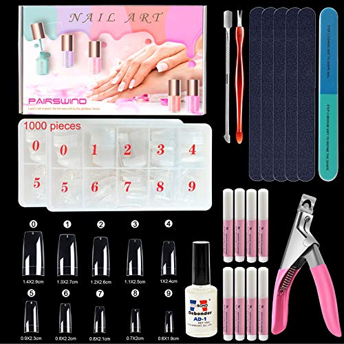 False Nails With Glue, 1000 Coffin Nail Tips with Glue for Fake Clear Acrylic Nails 8 Glue + 1 False Nail Clipper + 1 Debonder + 6Nail File + 2Kits (Plastic Box + Gift Box)