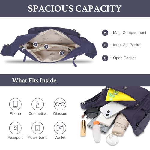 Image of WITERY Crossbody Purses for Women Lightweight Nylon Shoulder Bag Handbag | Water-Resistant Nylon Fabric, Multi Zipperd Pockets, Small Pocketbooks for Work Travel Daily, Adjustable Strap