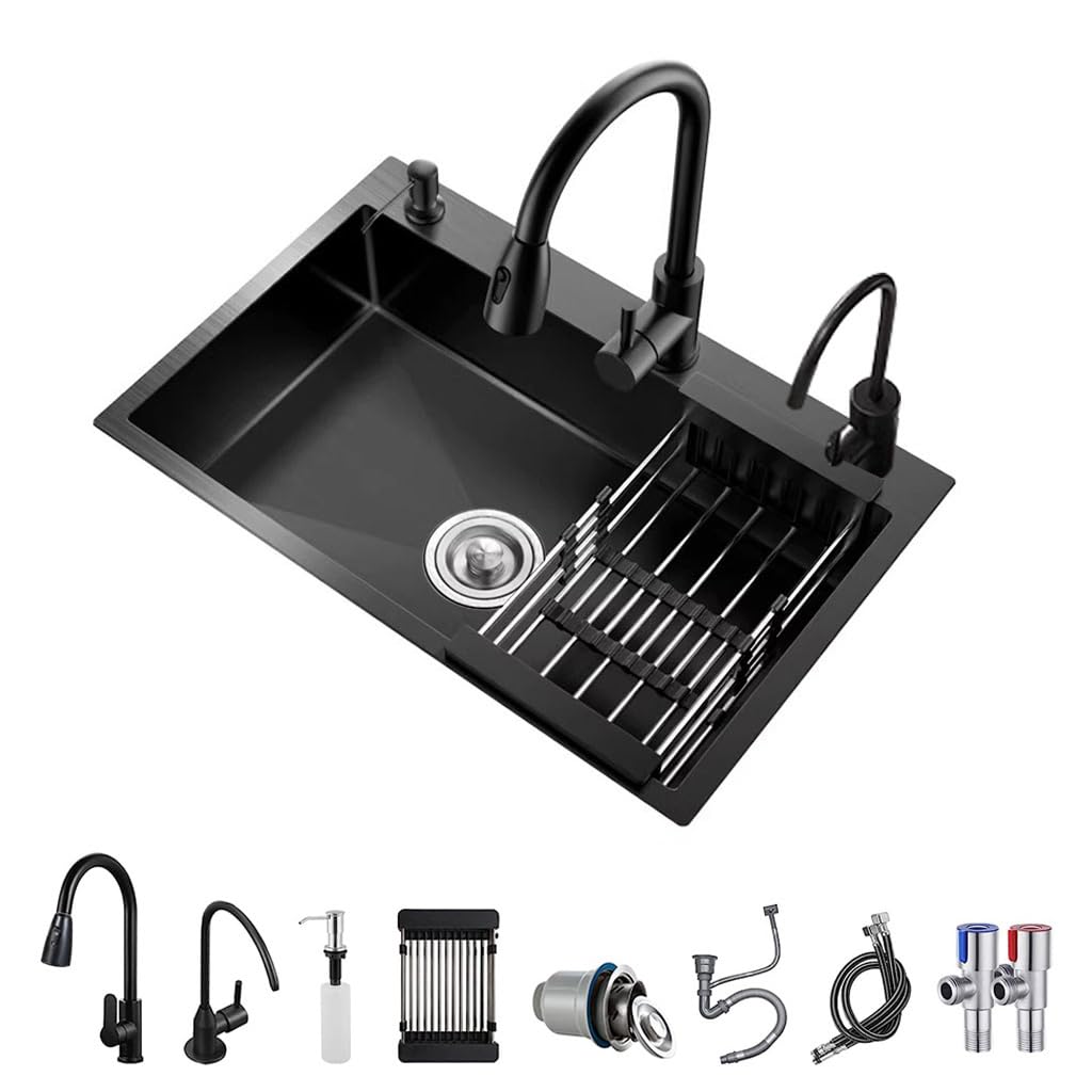 Black Kitchen Sink,Topmount Workstation Stainless Steel Single Bowl Sink with Pull Out Faucet,Soap Dispenser and Drain Basket (55 * 45 * 20cm)